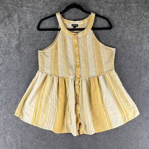 Torrid Tank Top Womens 1X Yellow White Striped Babydoll Rayon Crepe Smocked‎